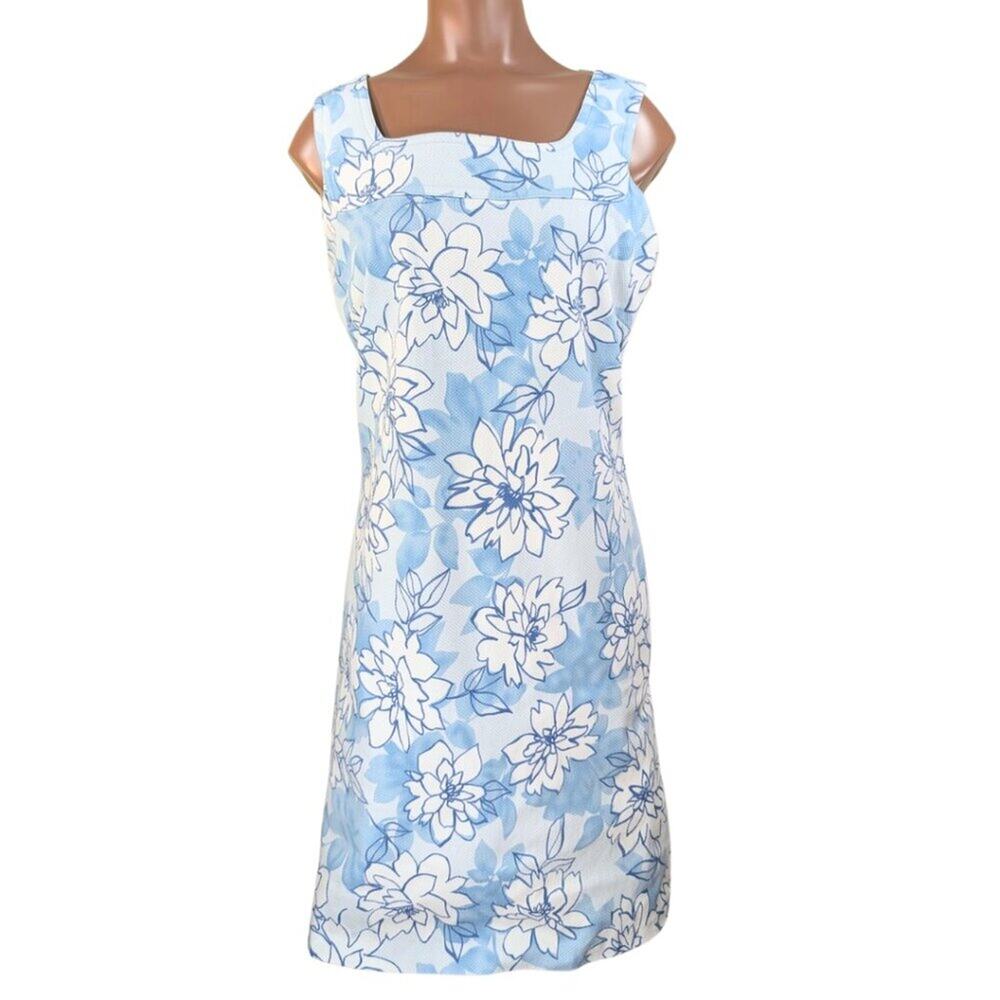 Garnet Hill Sz 12 Blue Floral Sleeveless Knee Length Cotton Casual Dress